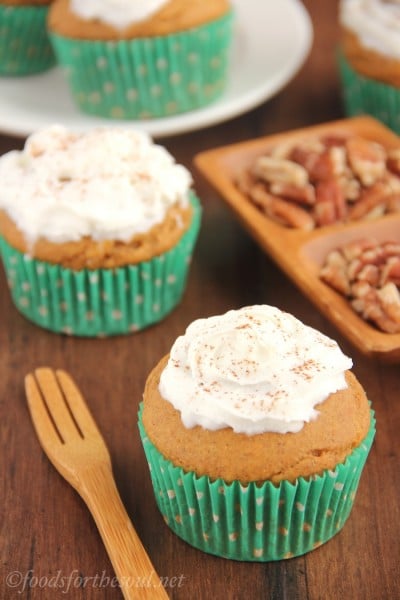 Butterscotch-Filled Pumpkin Cupcakes with Whipped Cream