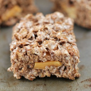 Caramel-Stuffed Chocolate Cereal Treats: This quick and super easy recipe for extra gooey marshmallow cereal treats is an irresistible twist on classic Rice Krispie squares! They’re chocolate flavored instead and then stuffed with a hidden layer of thick caramel. Only 4 ingredients — and the perfect no-bake dessert!