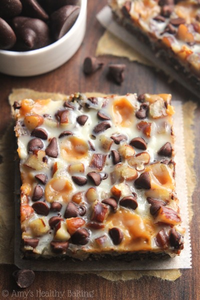 Healthier Chocolate Caramel Seven Layer Bars