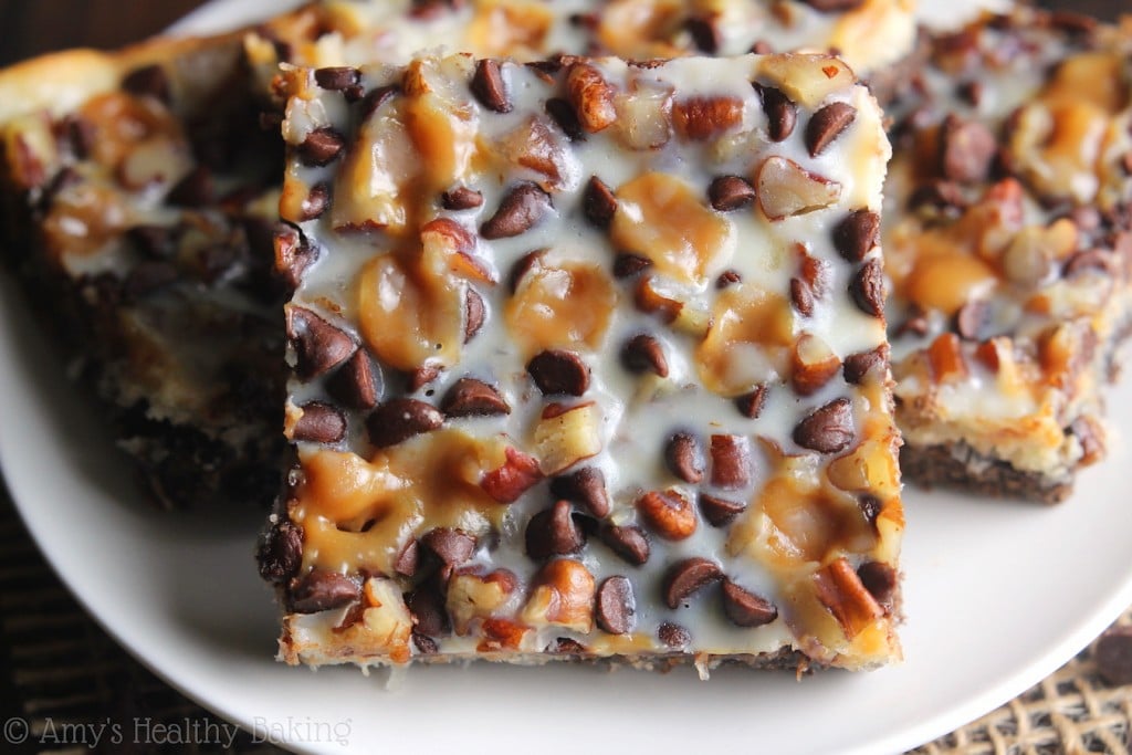 Skinny Chocolate Caramel Seven Layer Bars | Healthy Versions Of Comfort Food Recipes For Guilt-Free Cravings