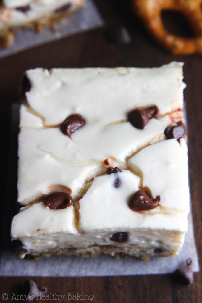 Skinny Chocolate Chip Pretzel Cheesecake Bars Amy's Healthy Baking