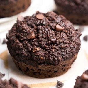 Looking for healthy breakfast recipes? Bake these healthy double chocolate bran muffins! Soft and moist with chocolate chips throughout, these healthy muffins are clean eating with no refined sugar and a gluten free option. Easy to make too! These bran muffins with molasses are the perfect way to start your day. They’re also great for kids and healthy snack ideas! Save this recipe — you’ll love these healthy chocolate muffins!