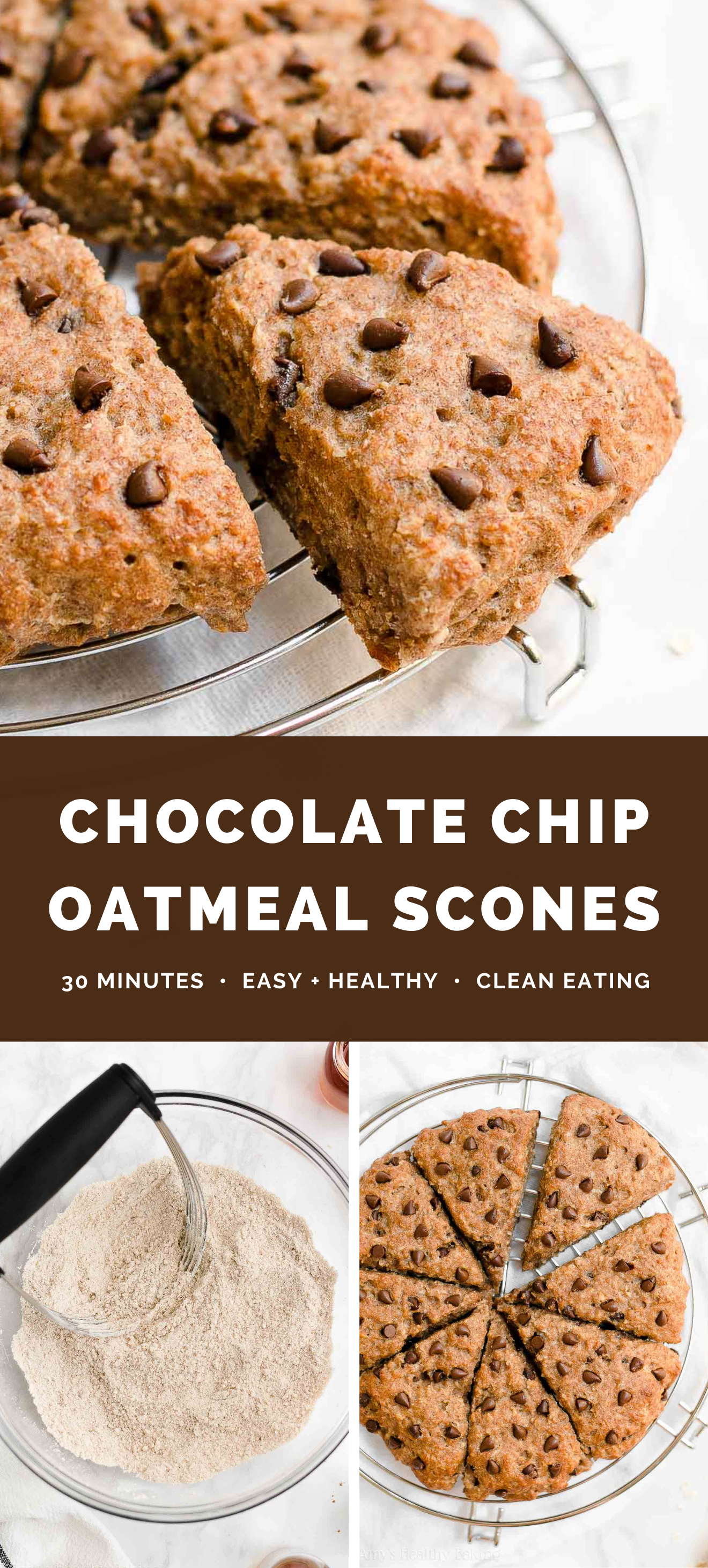 healthy chocolate chip oatmeal scones – easy recipe for cozy oat scones – egg free, low calorie, low fat, and clean eating – whole wheat, gluten free, and vegan options – made with oats, chocolate chips, maple syrup & no cream or refined sugar