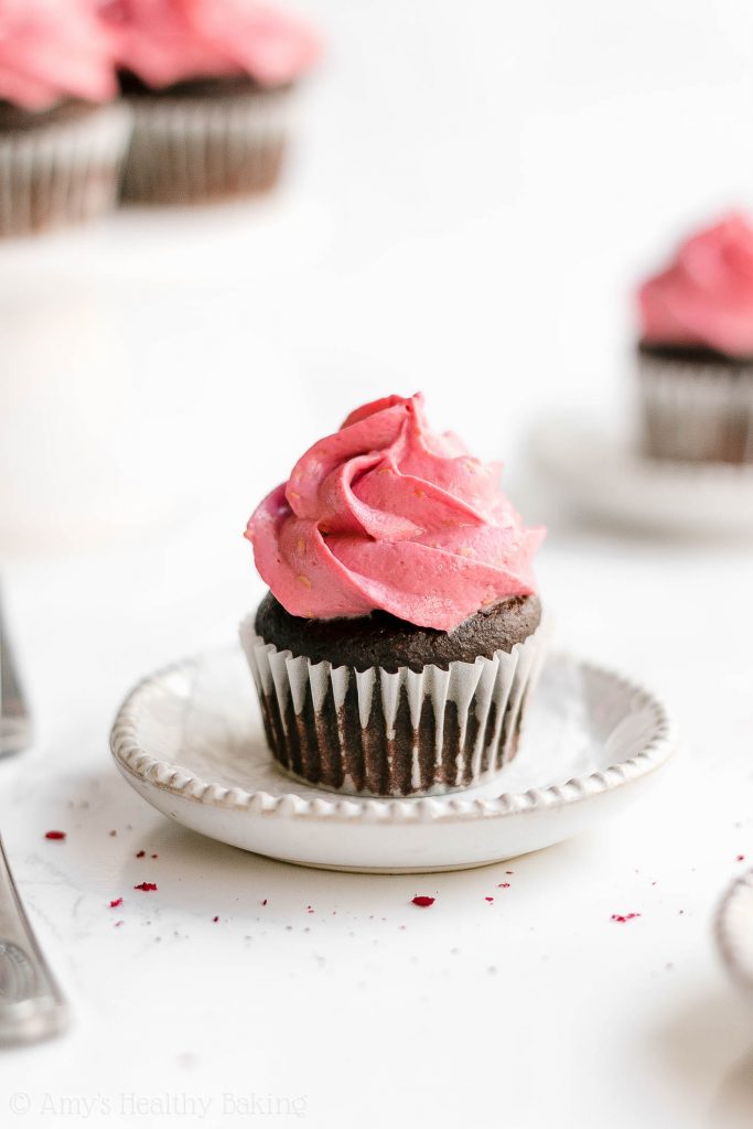 Healthy Small Batch Mini Chocolate Cupcakes with Raspberry