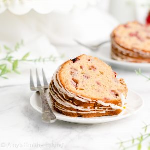 Healthy Strawberry Bundt Cake – moist, tender & really easy to make! Yogurt makes it extra soft. It’s the BEST strawberry cake I’ve ever had! Perfect for spring, summer & fresh strawberry season! ♡ Easy homemade strawberry bundt cake from scratch. Best moist strawberry bundt cake with fresh or frozen strawberries. Healthy strawberry cake clean eating. Fresh strawberry cake recipe.