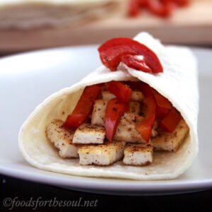 gluten free vegan chili spiced tofu tacos with red bell peppers