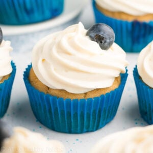 Blueberry Cupcakes with Cream Cheese Frosting – soft, buttery & SO easy to make! Less than 30 minutes of prep time! This cupcakes recipe is made from scratch, but ANYONE can make them. They’re that simple! Perfect for spring, summer… Or any time you’re craving dessert! ♡ homemade blueberry cupcakes easy. healthy cupcakes clean eating. cupcakes recipe from scratch. healthy blueberry cupcakes cream cheese frosting.