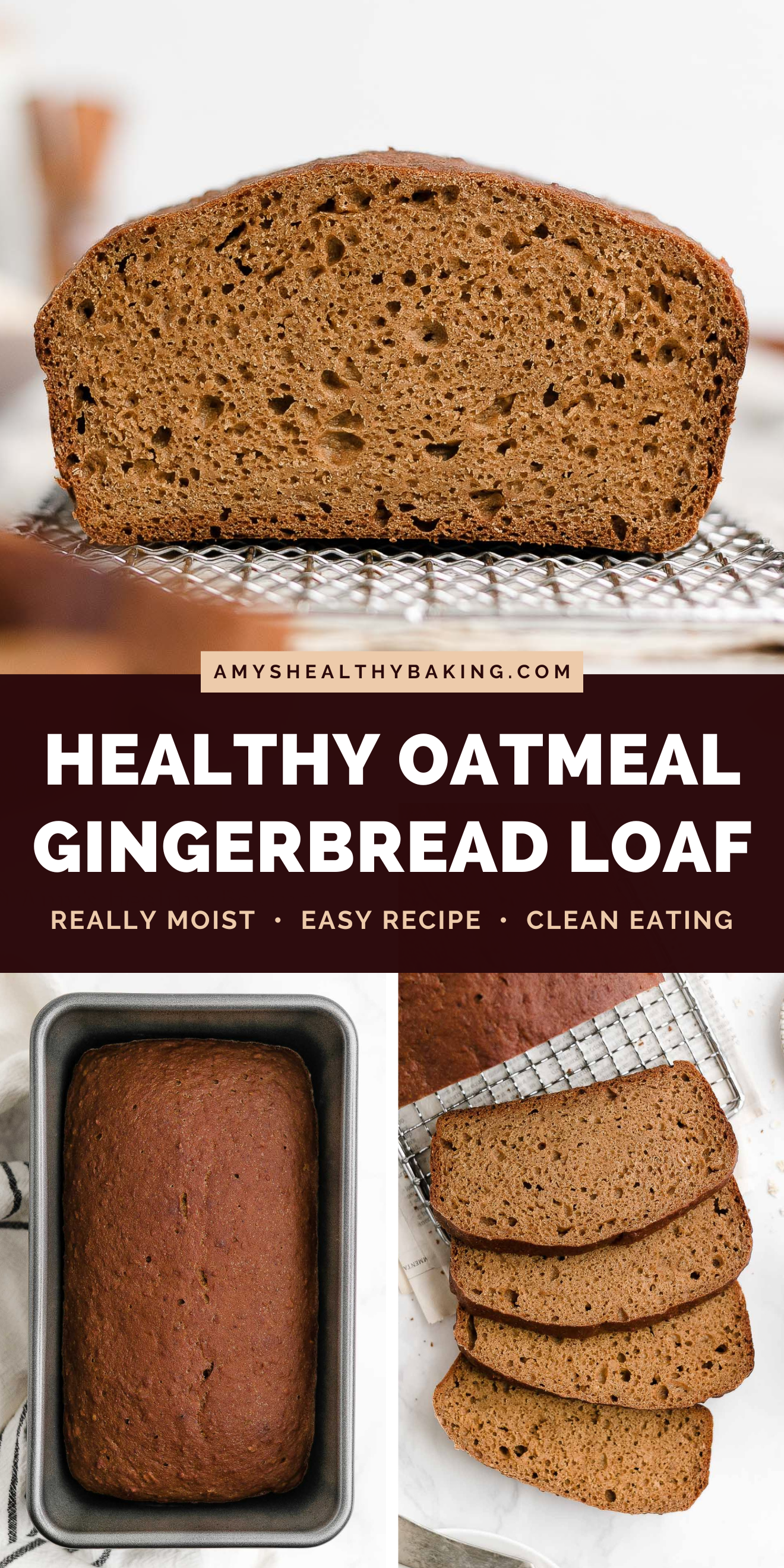 the best healthy oatmeal gingerbread loaf – easy gingerbread quick bread recipe – soft, moist, low fat, low calorie, and clean eating with whole wheat and gluten free options – made with oats, Greek yogurt, molasses, and no refined sugar