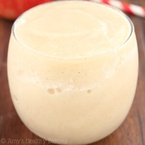 This healthy apple smoothie tastes just like a slice of apple pie! With just 4 ingredients and no added sugar, this super simple apple pie smoothie recipe is quick to make and ready to drink in less than 5 minutes. Lightened up, low calorie, and easy as pie! Naturally gluten free with vegan and dairy free options.