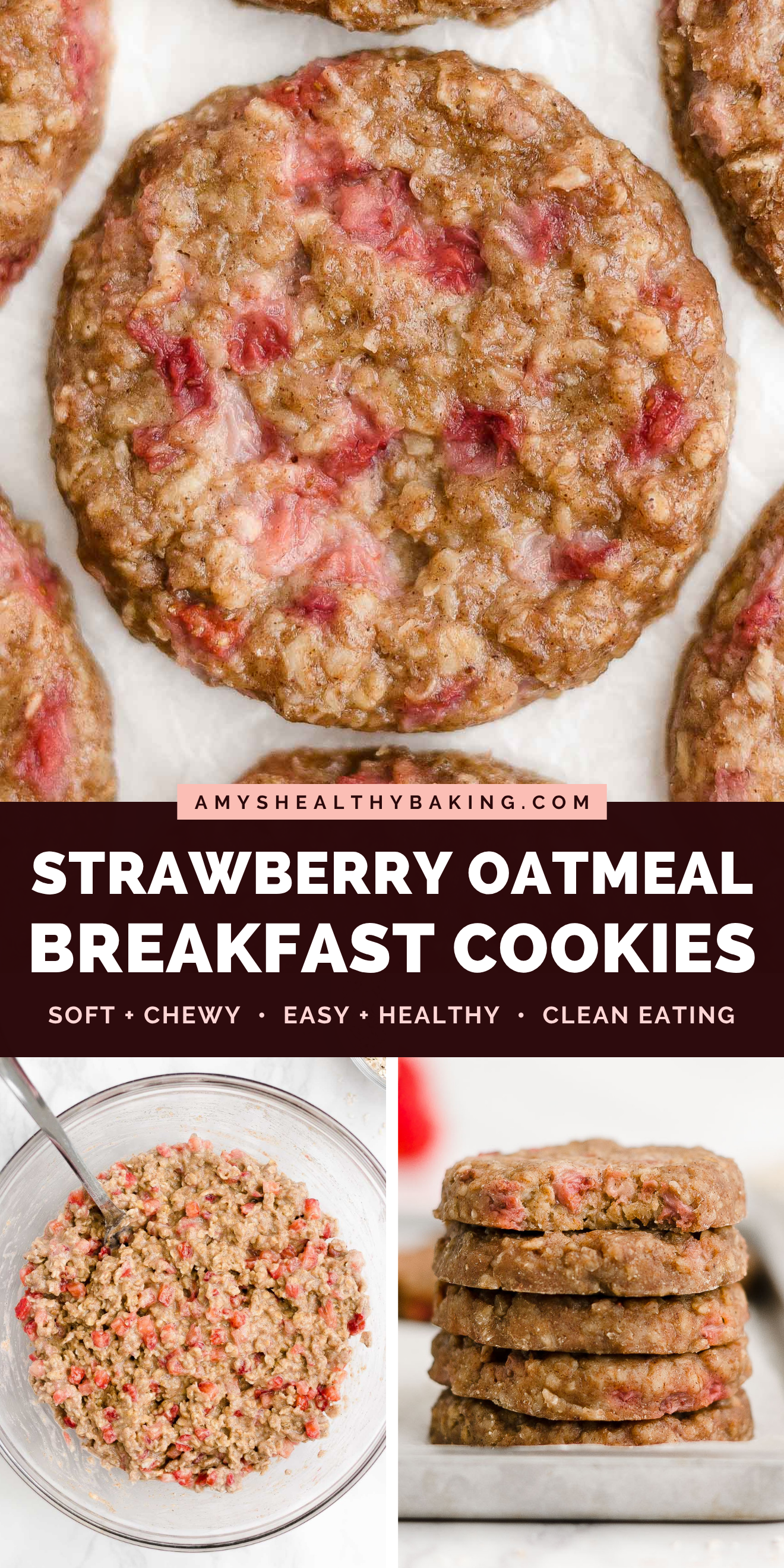 the best healthy strawberry oatmeal breakfast cookies – easy strawberry breakfast cookies recipe – soft, chewy, low calorie, low fat, and clean eating with whole wheat, gluten free, dairy free, and nut free options – made with oats, fresh strawberries, pure maple syrup, and no refined sugar